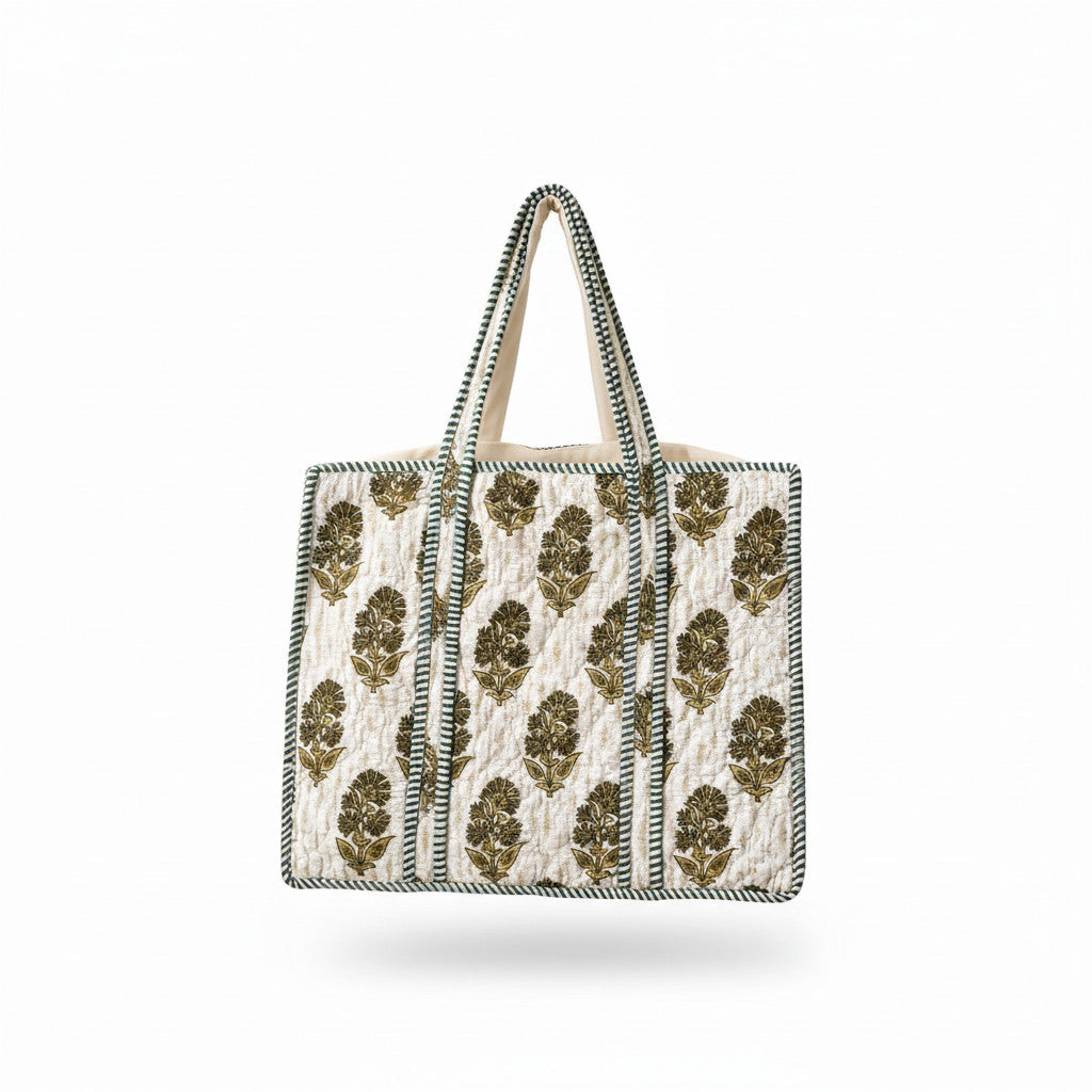 Olive Floral Block Print Quilted Tote Bag