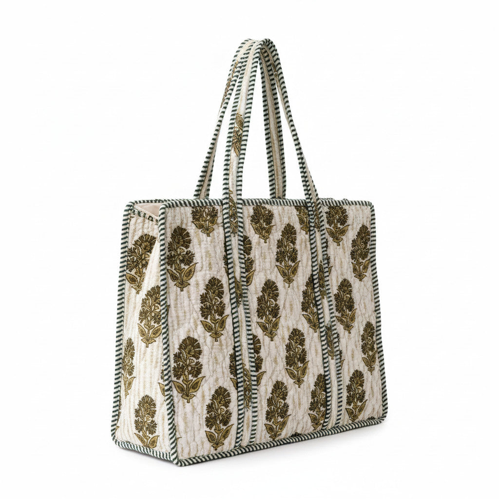 Olive Floral Block Print Quilted Tote Bag