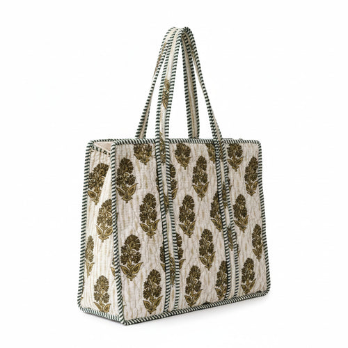 Olive Floral Block Print Quilted Tote Bag