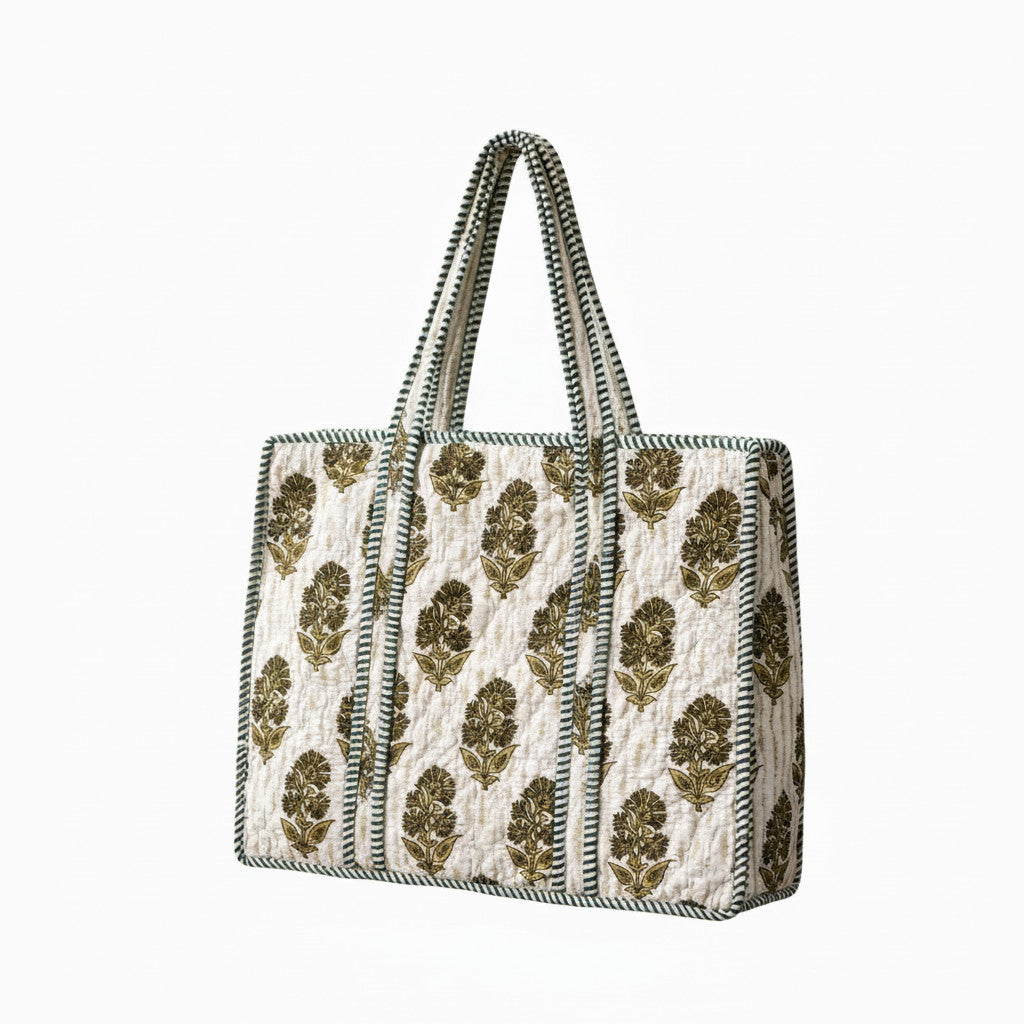 Olive Floral Block Print Quilted Tote Bag