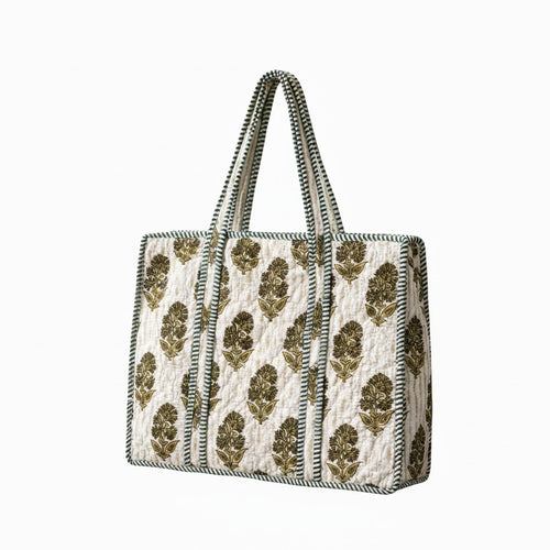 Olive Floral Block Print Quilted Tote Bag