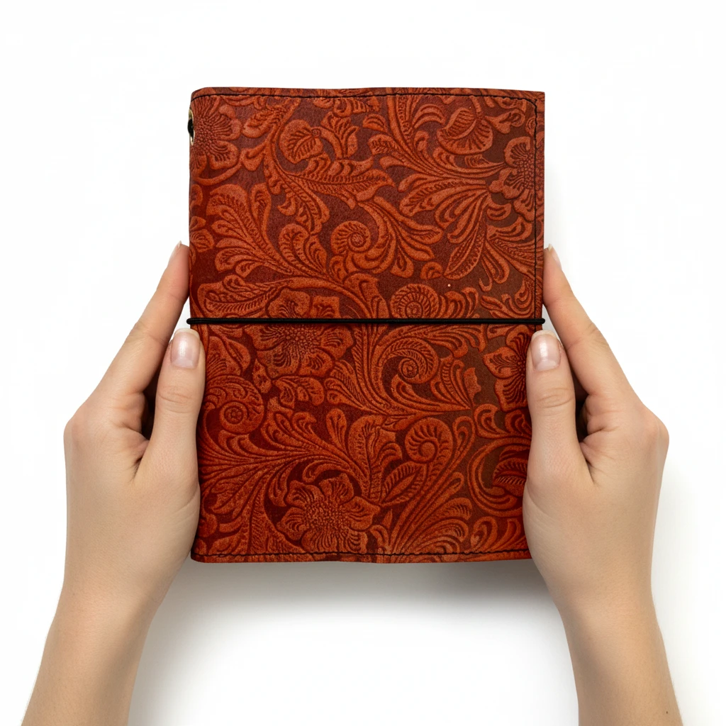 Embossed Leather Tri-Fold Traveler's Journal – Crimson Bloom